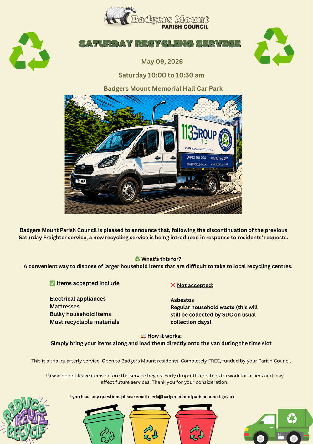 New Saturday Recycling Service - May 9th, 2026 10:00 to 10:30 am